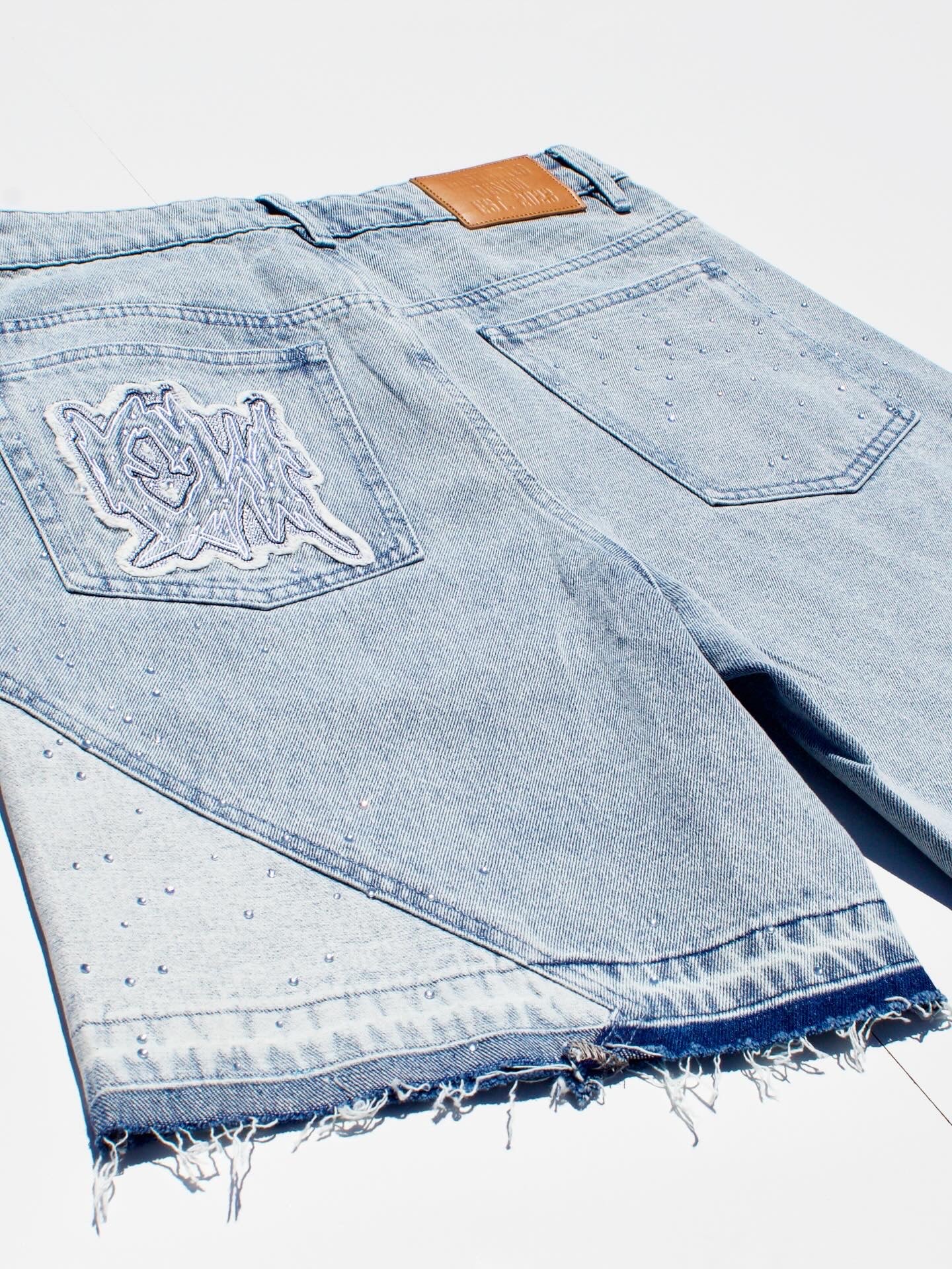 Blue Denim Rhinestone Jorts with Wallet Chain