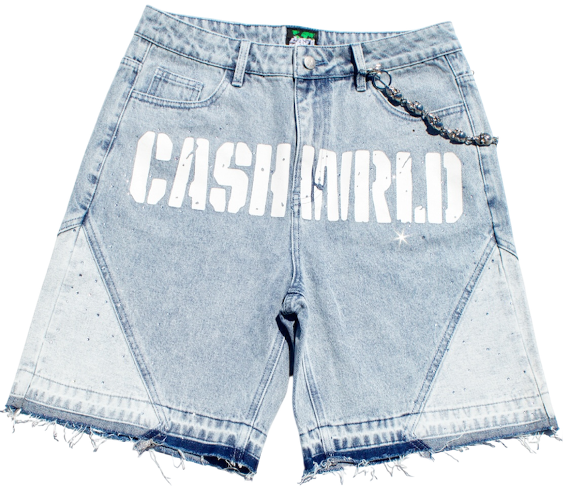 Blue Denim Rhinestone Jorts with Wallet Chain