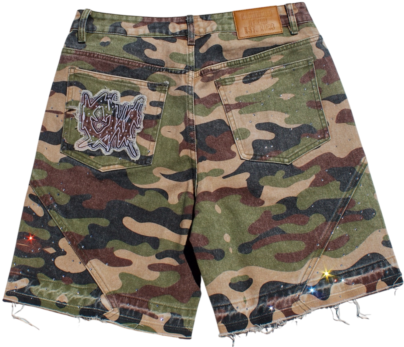 Camouflage shorts with a patch on a white background