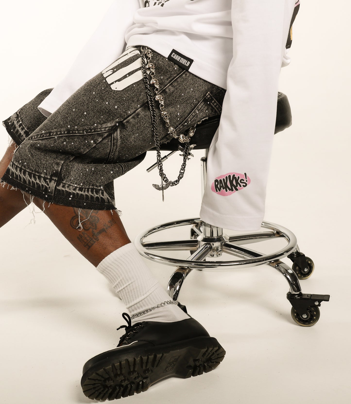 Black Denim Jorts with Rhinestones and Wallet Chain