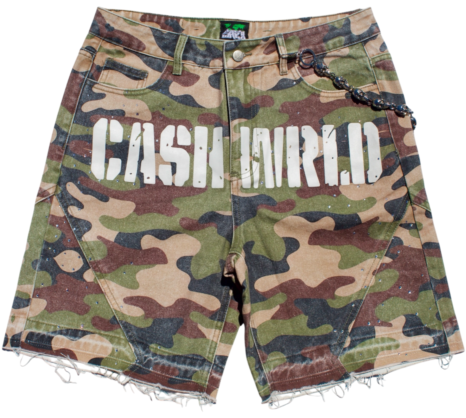 Camouflage shorts with 'CASH N'WRLD' text on a white background