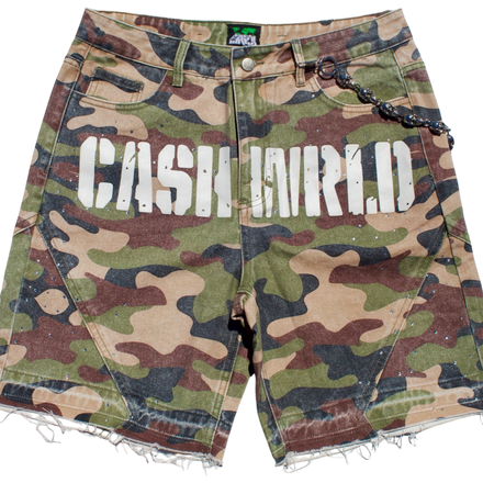 Camouflage shorts with 'CASH N'WRLD' text on a white background