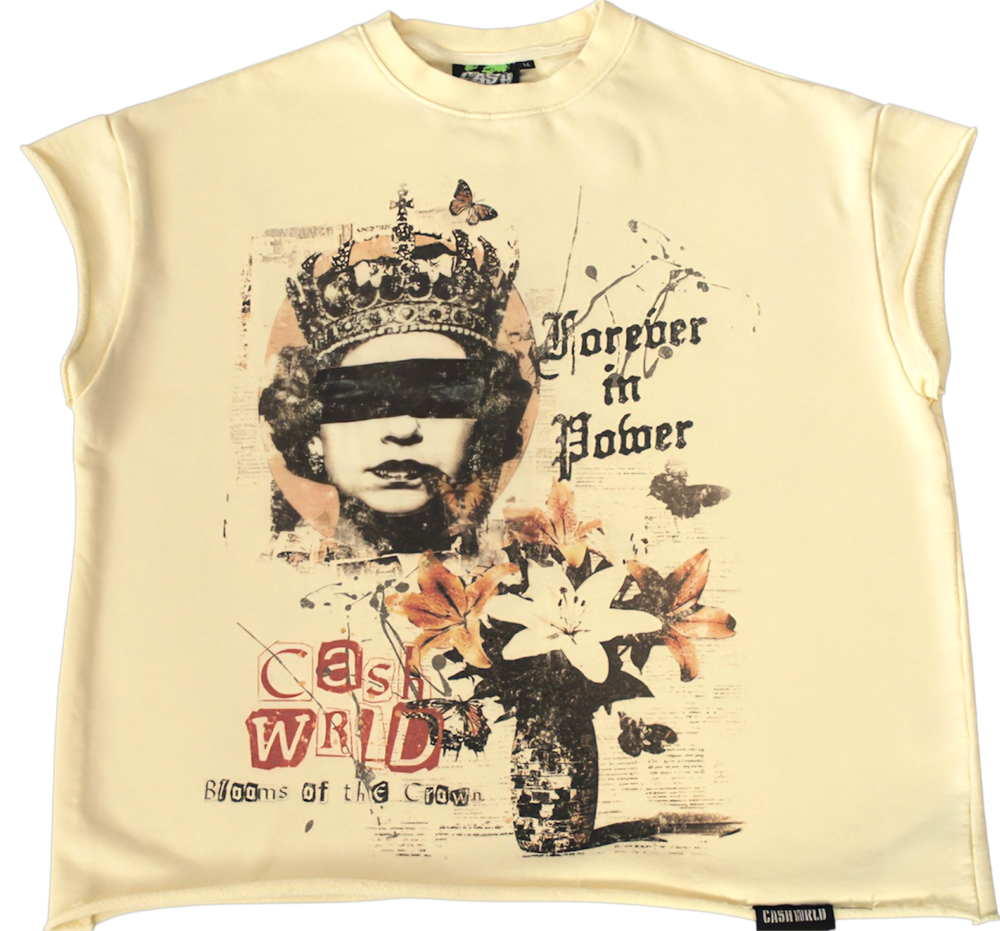 Beige sleeveless shirt with graphic design and text on a white background