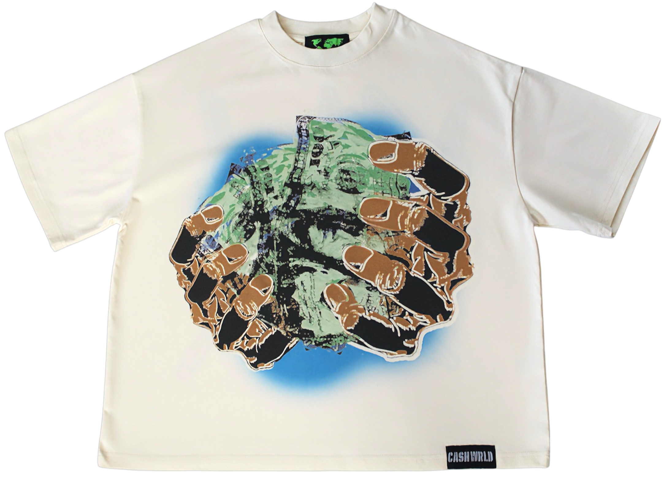 White t-shirt with a graphic design of a hand holding a heart on a white background