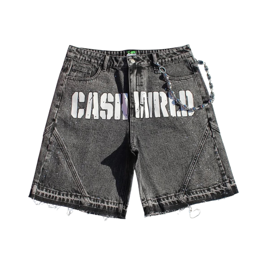 Black Denim Jorts with Rhinestones and Wallet Chain